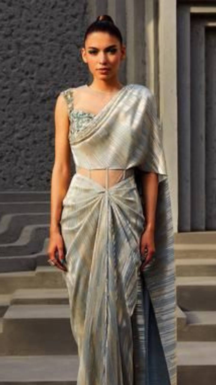 Wine Hand Embroidered Draped Saree Gown Design by Dhwaja at Pernia's Pop Up  Shop 2024