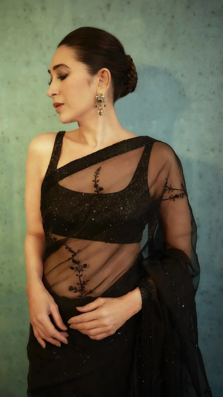 Black organza saree with leather waist belt - Dress me Royal