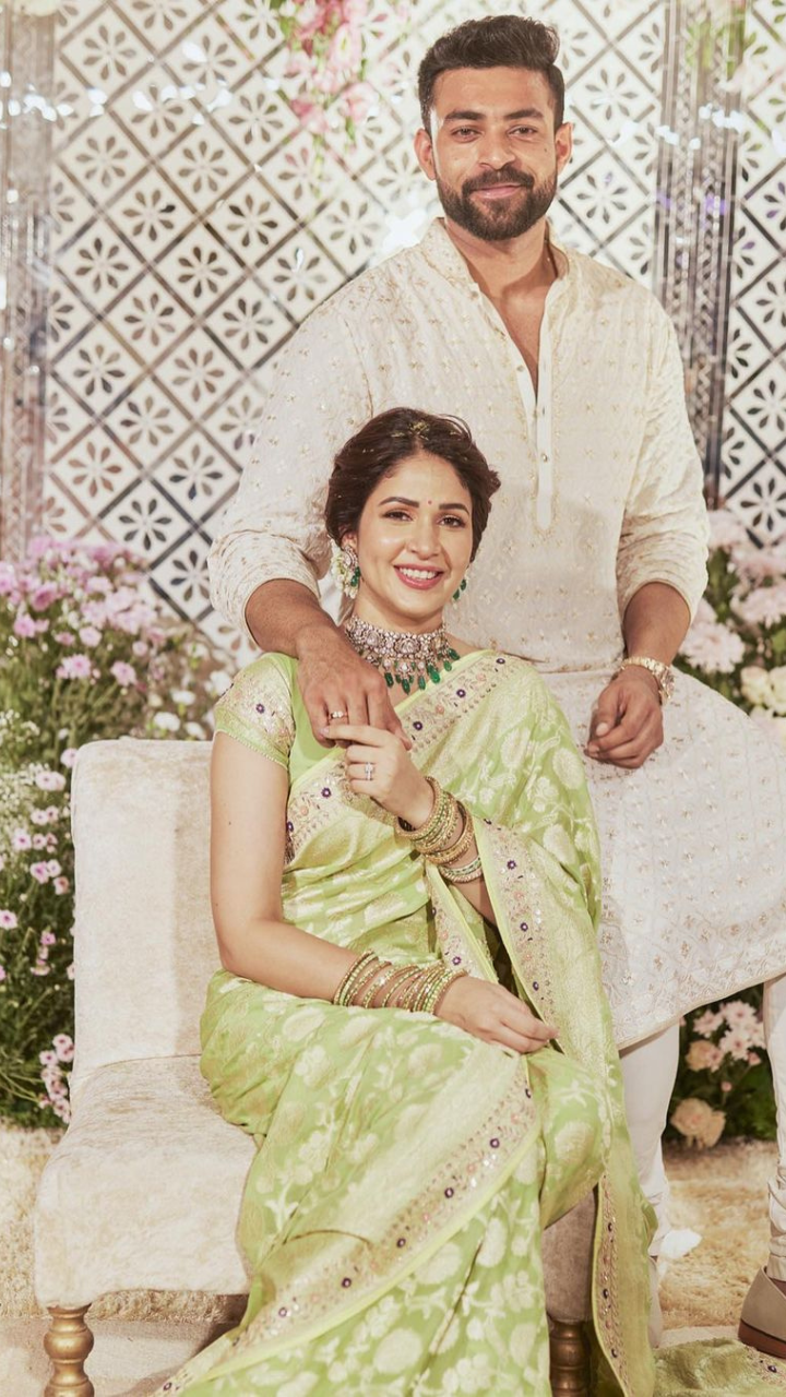 Photo of South Indian bride in an Olive Green saree for the Engagement