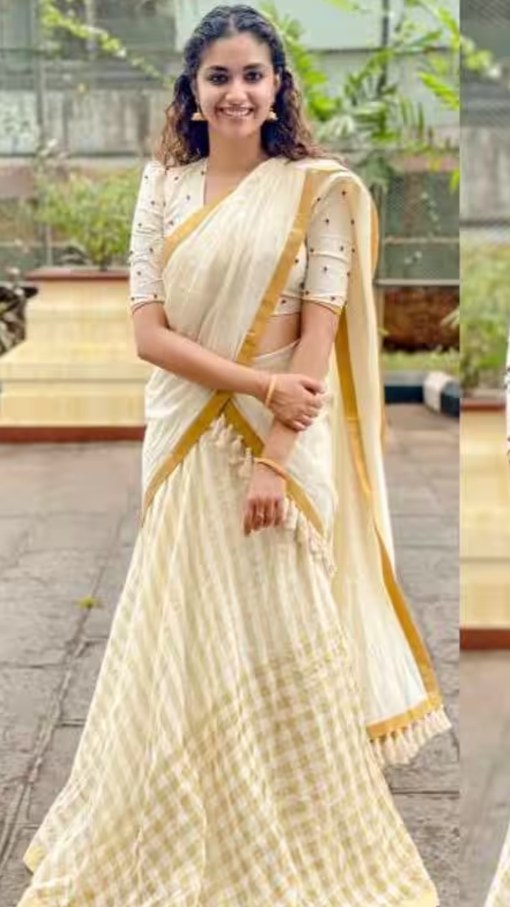 Off White Onam Saree with Golden Border and Traditional Sequined | Exotic  India Art