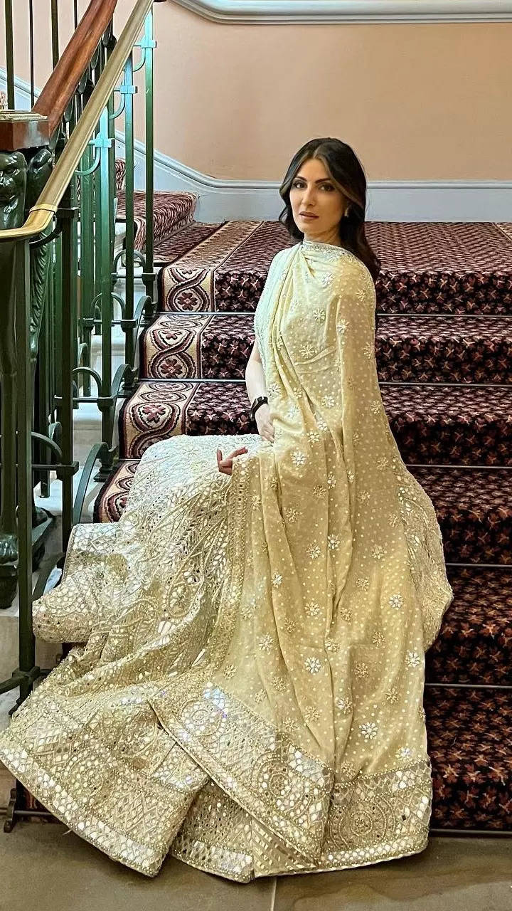 Long Trail Wedding Dress Shadi lehenga Walima Nikah beige Golden reception  Gown | eBay