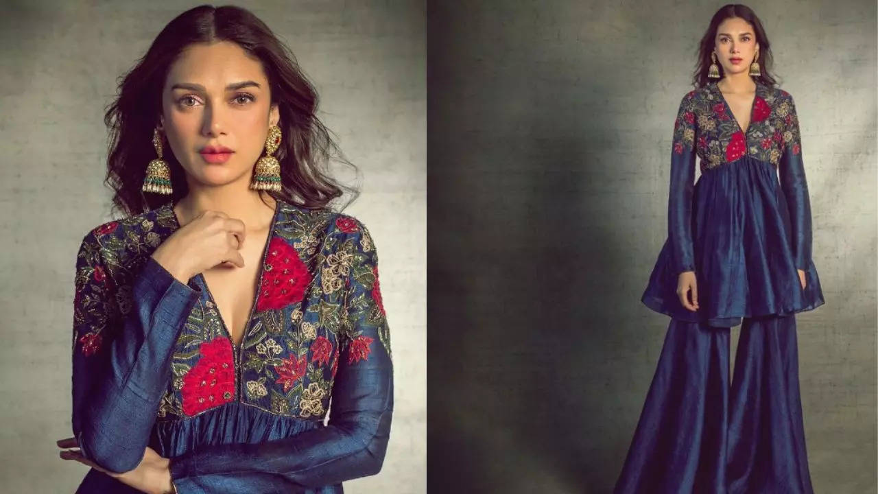 Short Angrakha kurti with flared palazzo by Aditi Rao Hydari