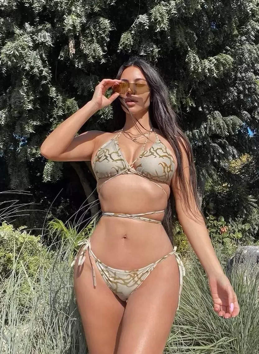 Kim Kardashian dons a printed bikini
