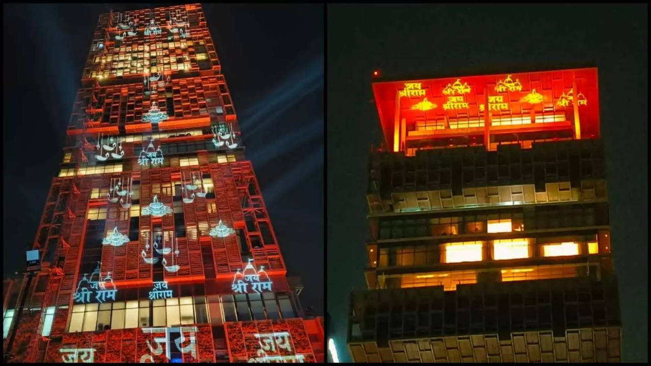 Antilia: Ambani's Residence In Mumbai, Lit Up With 'Jai Shri Ram' For ...