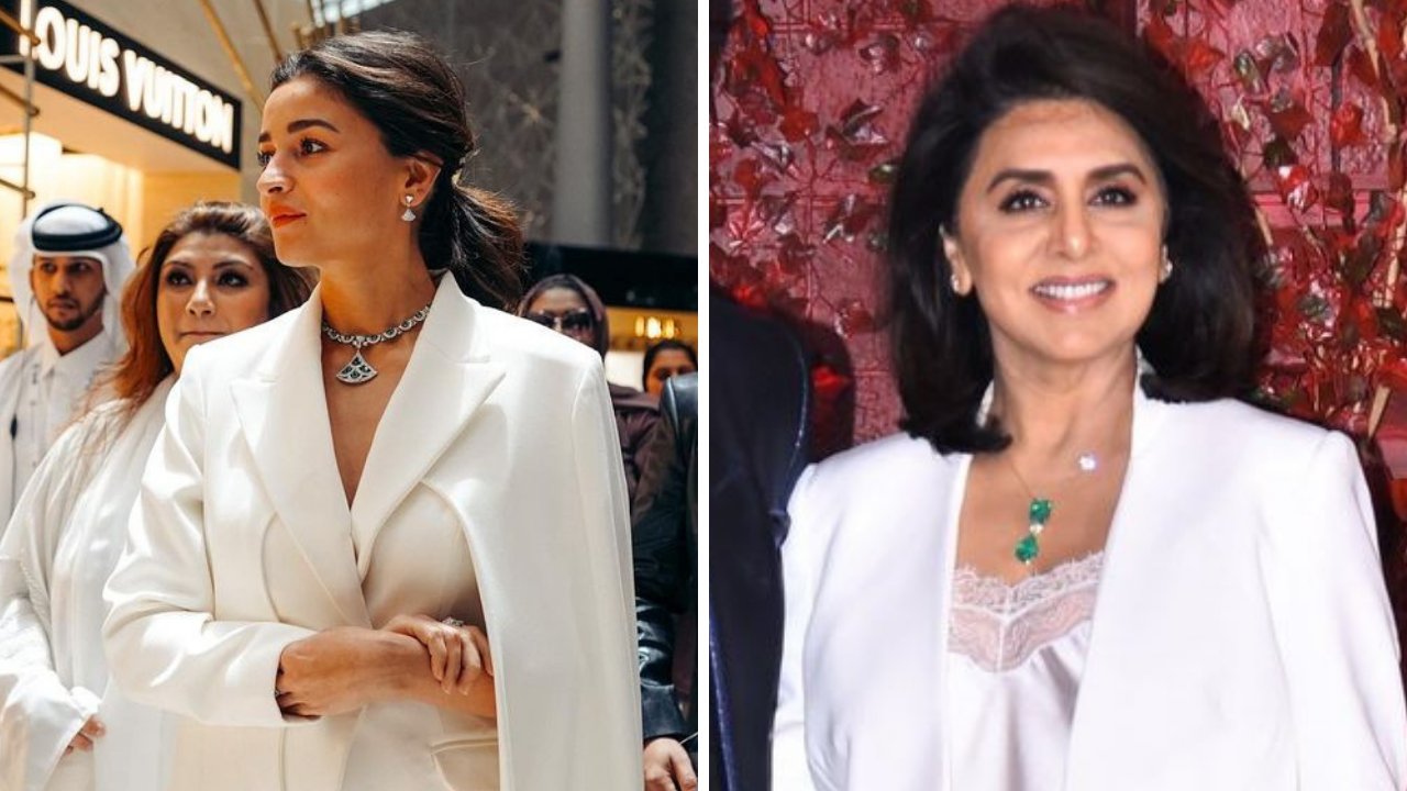 Neetu takes fashion tips from Alia? Veteran actress styles white pantsuit with green emeralds like daughter-in-law