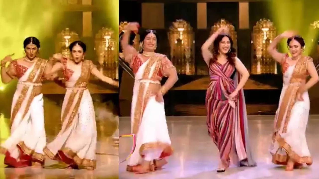 Madhuri Dixit dances to Dola Re Dola along with Amruta Khanvilkar and Ashish Patil in an upcoming episode of Jhalak Dikhhla Jaa. Pic Credit : Instagram