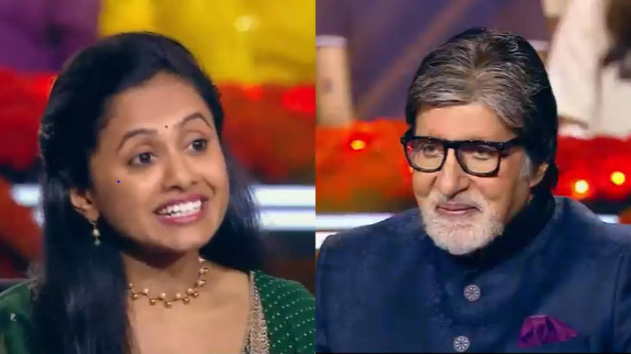 KBC 14 contestant Sneha Nair shares the stage with Amitabh Bachchan as the two play garba to Dholida song. Pic Credit : Instagram