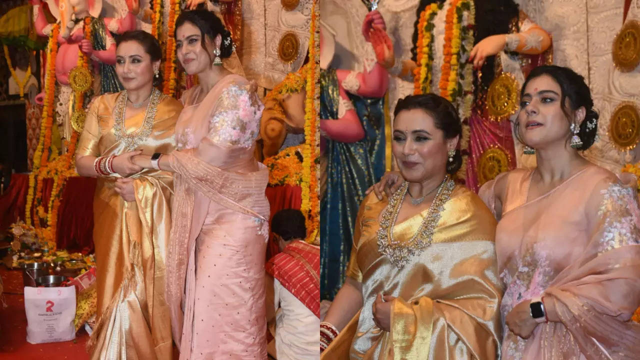 Kajol og Rani Mukerji utstråler eleganse fra topp til tå når de deltar på Durga Puja-feiringen i Mumbai
