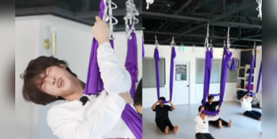 BTS' Jin mumbles he is embarrassed' as group finally tries their hand at flying yoga - watch video